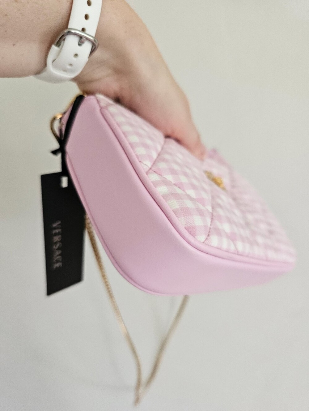 NWT Versace Pink Quilted Gingham Shoulder or Crossbody Bag with Gold Chain - Picture 11 of 16
